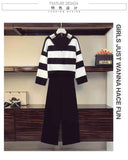 Fashion women's suit temperament striped sexy knit sweater straight and thin wide-leg trousers two-piece 210520