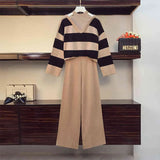 Fashion women's suit temperament striped sexy knit sweater straight and thin wide-leg trousers two-piece 210520