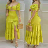 Women Elegant Dress Set Outfits O-Ring Crop Top & Frill Hem Shirred Slit Maxi Skirt Set Casual Summer Set 210521