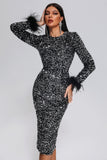 kamames Oatne Sequin Feather Midi Dress - Black