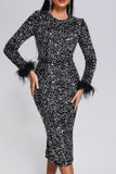 kamames Oatne Sequin Feather Midi Dress - Black