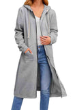 kamames Solid Zip Up Drawstring Hooded Long Cardigan