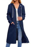 kamames Solid Zip Up Drawstring Hooded Long Cardigan