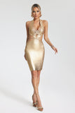 kamames Blacl Metallic Mini Bandage Dress-Golden