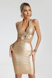 kamames Blacl Metallic Mini Bandage Dress-Golden