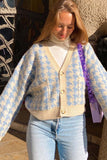 kamames Blue V Neck Pied De Poule Cardigan