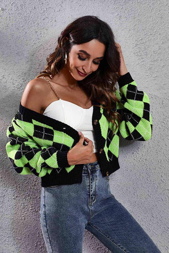kamames Color Patchwork Argyle Knitted Cardigan