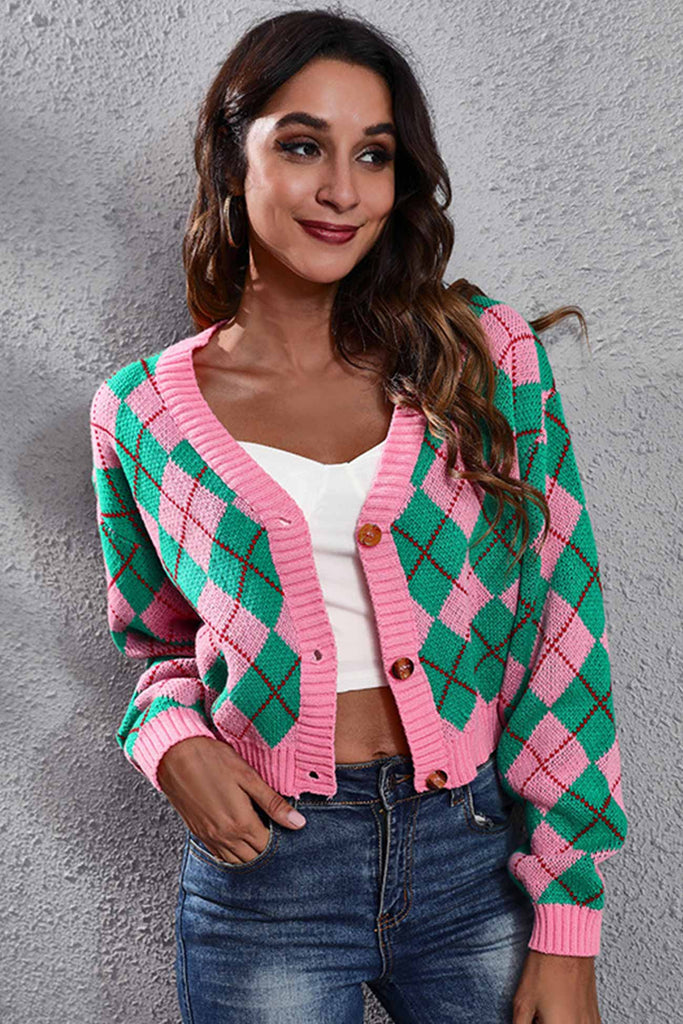 kamames Color Patchwork Argyle Knitted Cardigan
