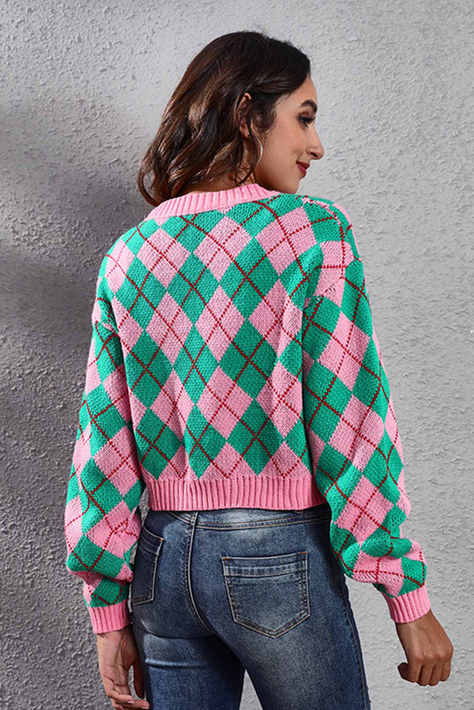 kamames Color Patchwork Argyle Knitted Cardigan