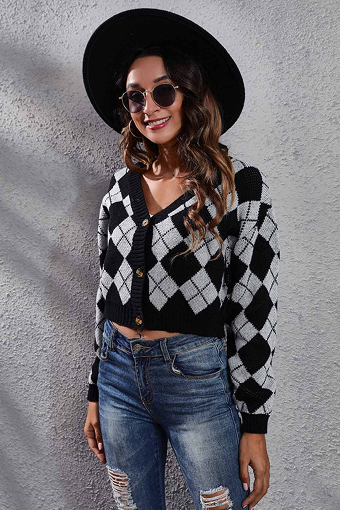 kamames Color Patchwork Argyle Knitted Cardigan