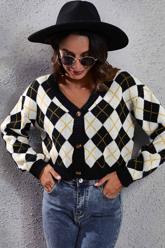 kamames Color Patchwork Argyle Knitted Cardigan