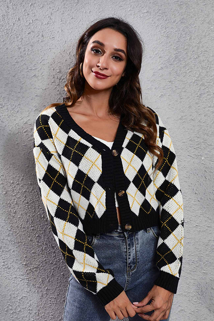 kamames Color Patchwork Argyle Knitted Cardigan