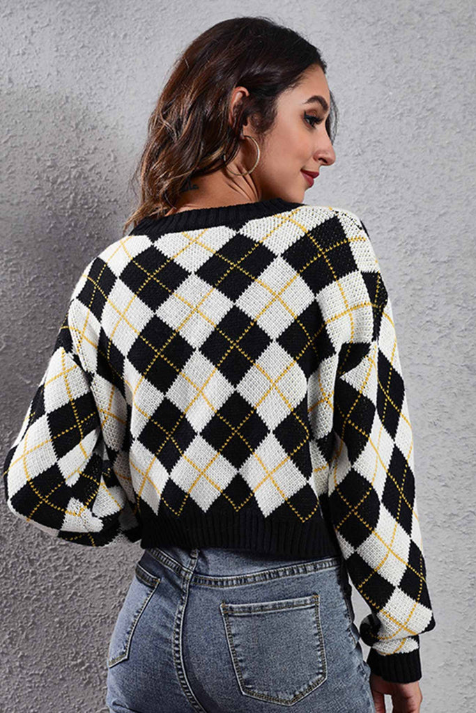 kamames Color Patchwork Argyle Knitted Cardigan
