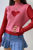 kamames Contrast Mock Neck Heart Graphic Ribbed Knit Tops