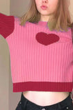 kamames Contrast Mock Neck Heart Graphic Ribbed Knit Tops