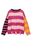 kamames Contrast Striped Patchwork Distressed Sweater