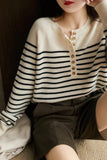 kamames Crew Neck Button-Front Striped Sweater