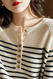 kamames Crew Neck Button-Front Striped Sweater