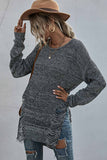 kamames Crew Neck Split Hollow Out Tassel Sweater