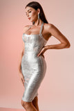 kamames Halter Black Metallic Bandage Dress - Silver