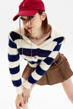 kamames Lapel Striped Patchwork Knitted Sweater