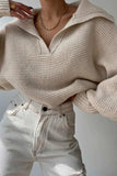 kamames Lapel V Neck Puff Sleeve Sweater