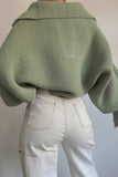 kamames Lapel V Neck Puff Sleeve Sweater