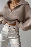 kamames Lapel V Neck Puff Sleeve Sweater