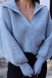 kamames Lapel V Neck Puff Sleeve Sweater