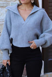 kamames Lapel V Neck Puff Sleeve Sweater