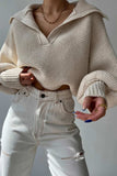 kamames Lapel V Neck Puff Sleeve Sweater