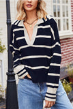 kamames Lapel V-neck Striped Sweater