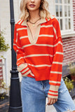 kamames Lapel V-neck Striped Sweater