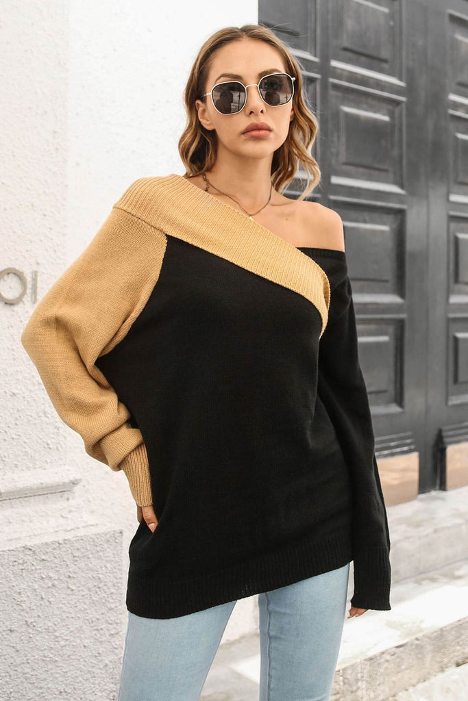 kamames Off Shoulder Contrast Color Sweater
