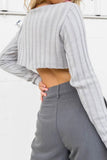 kamames Solid Ribbed Crew Neck Cropped Sweater