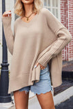 kamames V Neck Side Slit Loose Pullover Sweater