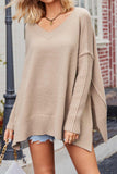 kamames V Neck Side Slit Loose Pullover Sweater