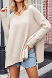 kamames V Neck Side Slit Loose Pullover Sweater