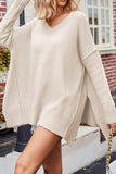 kamames V Neck Side Slit Loose Pullover Sweater