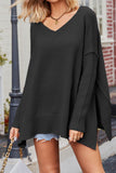 kamames V Neck Side Slit Loose Pullover Sweater