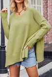 kamames V Neck Side Slit Loose Pullover Sweater