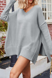 kamames V Neck Side Slit Loose Pullover Sweater