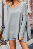 kamames V Neck Side Slit Loose Pullover Sweater