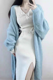 kamames Solid Color Fuzzy Long Cardigan