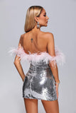 kamames Kolari Off Shoulder Feather Sequin Mini Dress