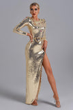 kamames Tieghan Golden Gem Sequin Slit Maxi Dress