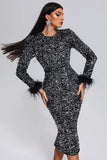 kamames Oatne Sequin Feather Midi Dress - Black