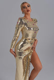 kamames Tieghan Golden Gem Sequin Slit Maxi Dress