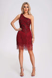 kamames Yelitza One Shoulder Tassel Sequin Dress - Red