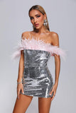 kamames Kolari Off Shoulder Feather Sequin Mini Dress